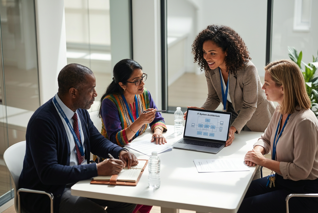 IT consultant advising clients during a consultation meeting