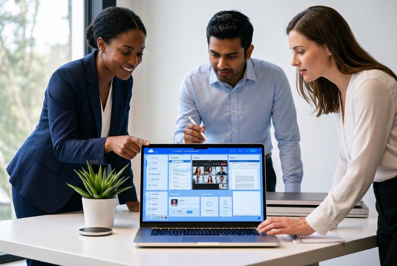 Laptop showing a Microsoft 365 cloud productivity dashboard