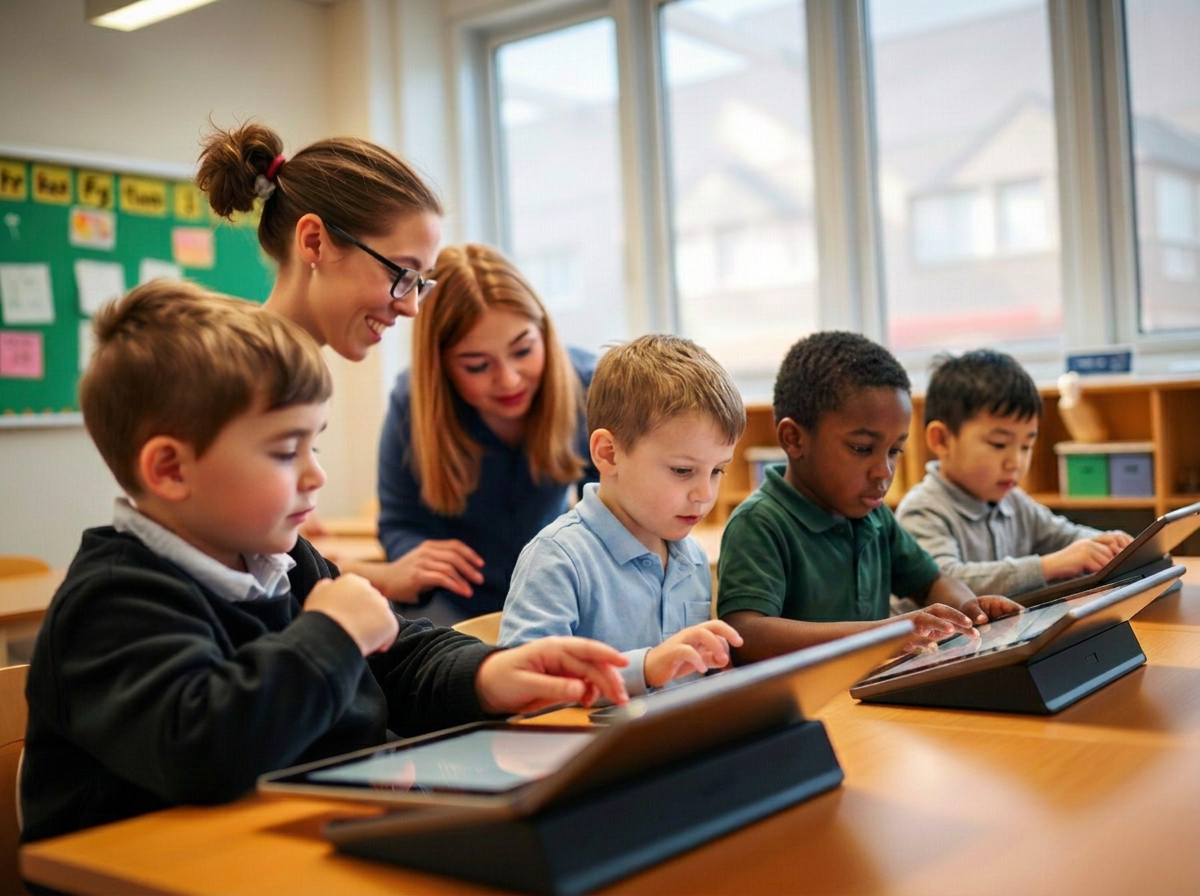 Pupils learning with tablets in a bright classroom