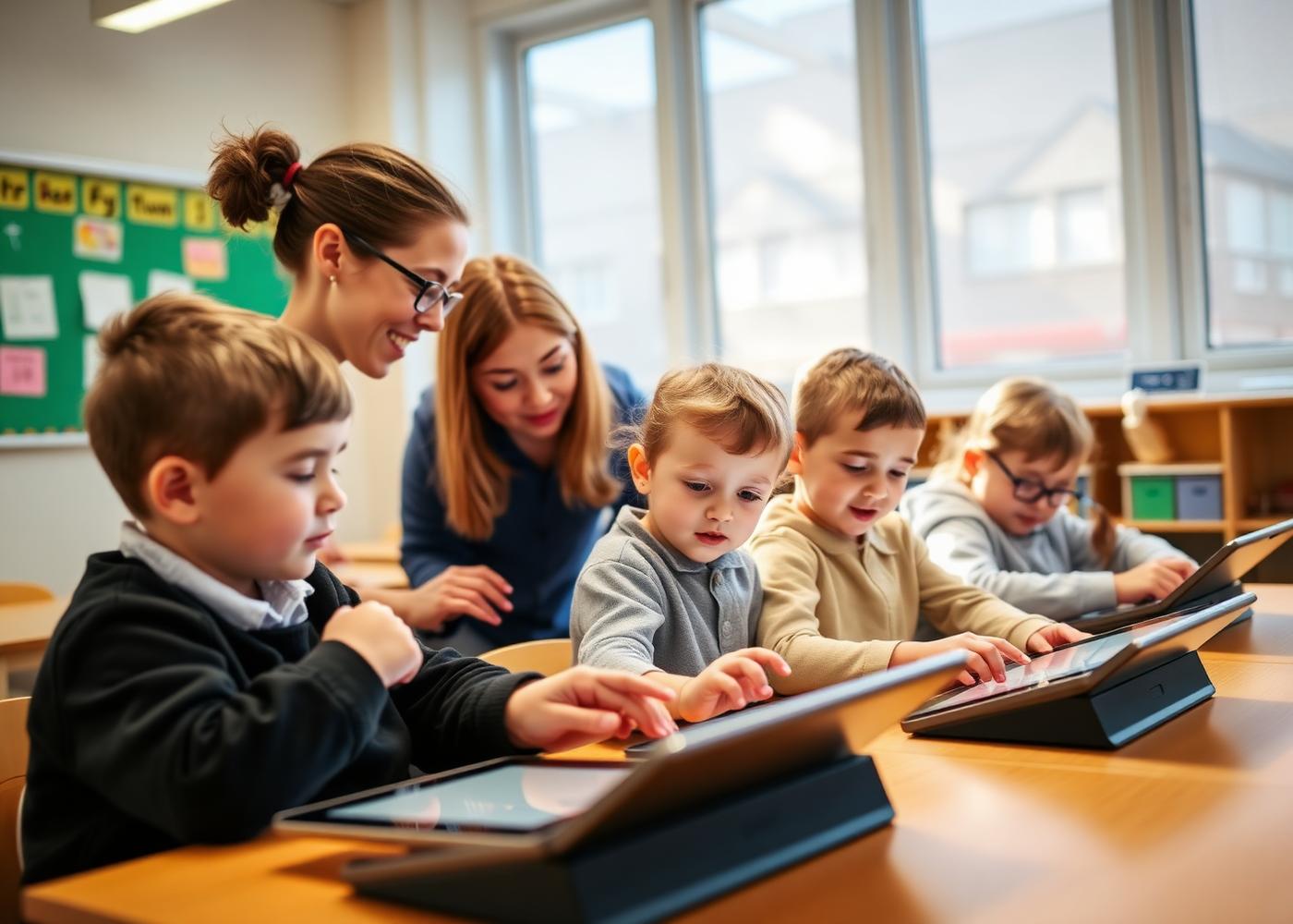 Classroom of pupils learning with tablets