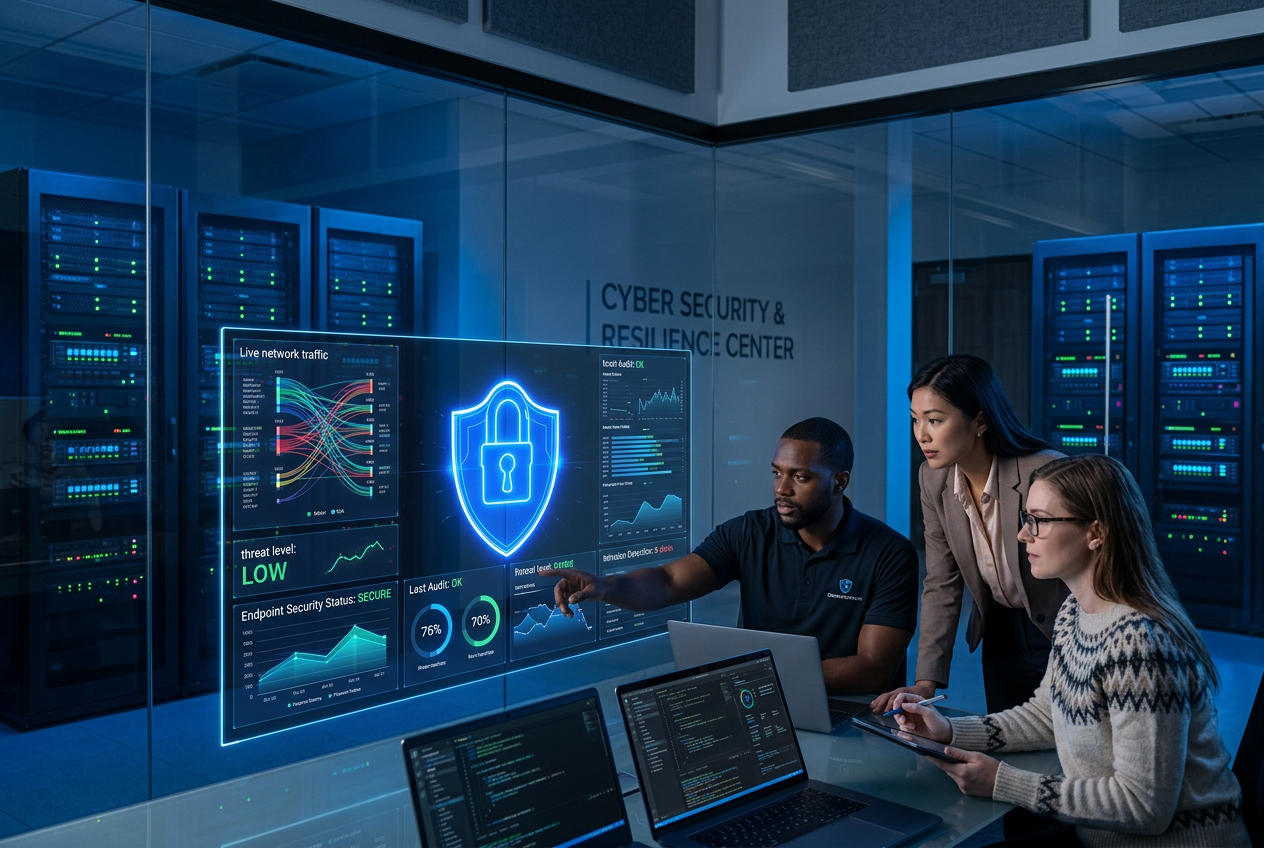 Cyber security shield protecting server infrastructure