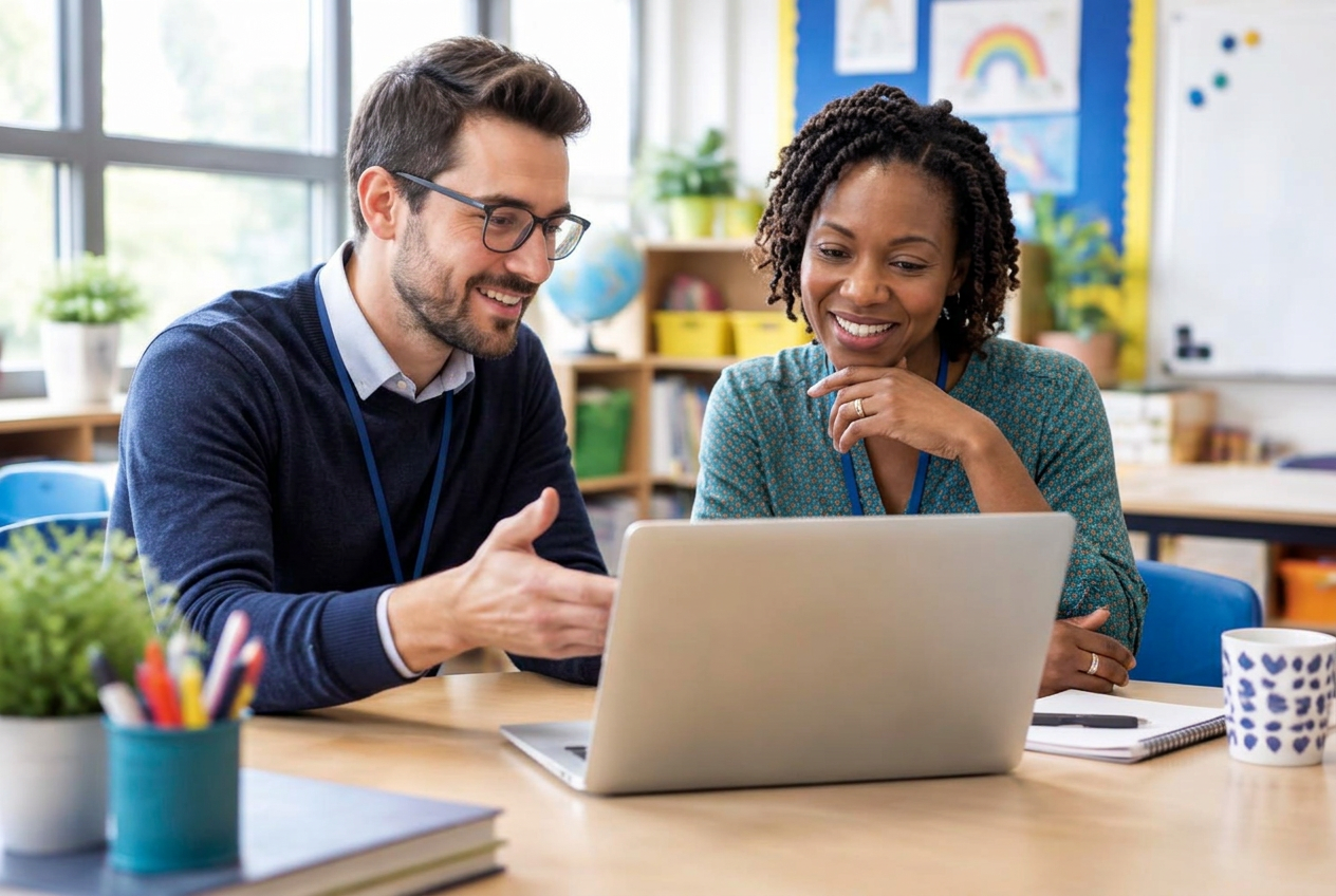 An IT consultant clearly explaining a solution to a teacher at a laptop